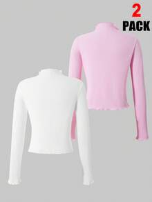 Girls' Ribbed Solid Color With Bow Decor2 Piecese Long Sleeve T-Shirt Set - Multicolor - View 8