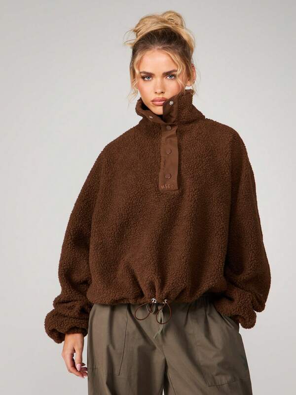 MISSGUIDED Chaqueta corta de forro polar Borg con cierre de media cremallera y dobladillo ajustable con cordón para otoño e invierno