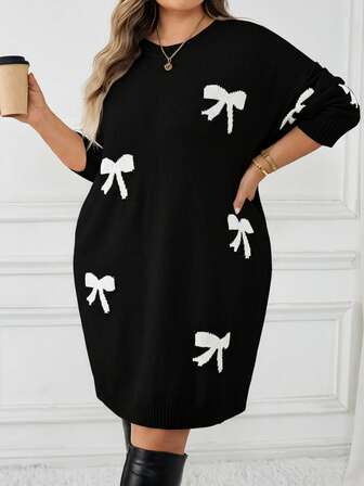 SHEIN CURVE+ Damklänning med rosettmönster, rund hals, nedsänkt axel, långärmad, avslappnad tröja, höst-/vinterklänning, rosettklänning, tröjklänning med rosetter/höst/vinter