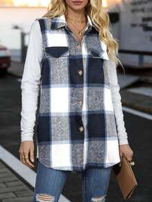 Women's Plaid Sleeveless Button-Down Blouse - Azul oscuro - Ver 1
