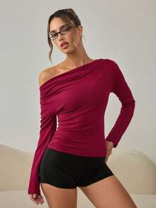 SHEIN Women's Off-Shoulder Base Layer Y2k Sexy Casual Burgundy, Slim Fit Long Sleeve T-Shirt For Daily Wear, Commuting, Home - Burgundy - View 1