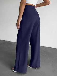 EURMUSE 小码女士纯色高腰褶裥直筒休闲裤 - 藏蓝色 - 查看 2