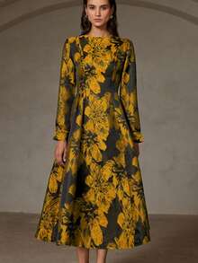 Revavyn Đầm xòe Jacquard cổ tròn tay dài phong cách cổ điển thanh lịch - Vàng - Xem 7