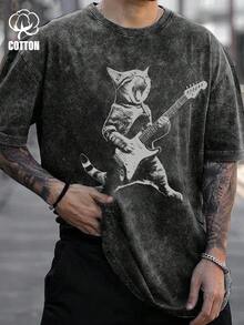 Manfinity Dauomo Áo thun trễ vai thường ngày mùa hè dành cho nam có in họa tiết, kiểu Gothic Vintage Washed, trang phục dạo phố, mèo đá chơi guitar cổ điển, áo thun mèo ghita vui nhộn cổ điển - màu đen - Xem 3
