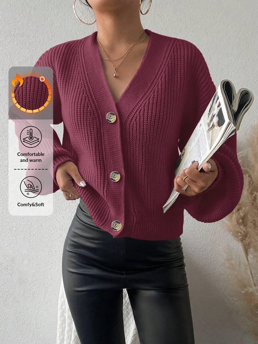 EURMUSE Áo khoác cardigan nữ tay dài màu trơn cài nút phía trước, dáng rộng thoải mái - Màu Hoa hồng đỏ - Xem 1