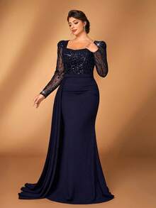 Serin Đầm dạ hội cỡ lớn sang trọng, thanh lịch màu xanh navy, đính sequin, thêu họa tiết, cổ bất đối xứng, tay dài, xếp ly, vạt áo kiểu đuôi cá, thích hợp cho tiệc tối, tiệc độc thân, hẹn hò, dạ hội, kỳ nghỉ, đám cưới, mẹ cô dâu, khách mời, ngày Valentine. - Màu xanh hải quân - Xem 4