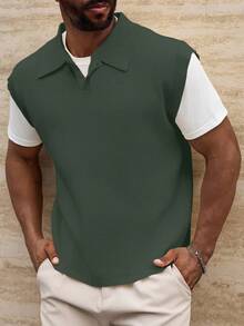 Manfinity Homme 大码男士纯色针织毛衣背心，秋冬时尚 - 軍綠色 - 查看 4