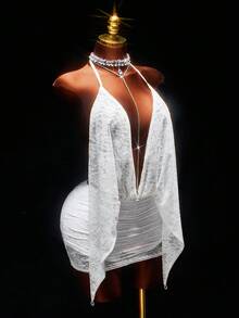 Amplova Đầm ôm sát mini cổ khoét sâu đính đá lấp lánh - trắng - Xem 8