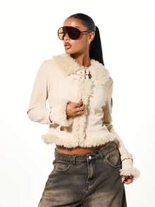 SUMWON WOMEN Faux Suede Sherpa Lined Cropped Jacket With Buckle Details Winter Outerwear - Apricot - View 6