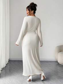 Elenzga 大码女式优雅不对称领金属装饰腰部长袖开衩连衣裙，适合外出、开学季、优雅聚会、秋冬季穿着。 - 杏色 - 查看 2