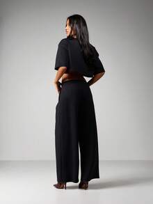 MISSGUIDED 露脐上衣阔腿裤两件套套装 V领宽松休闲 - 黑色 - 查看 2