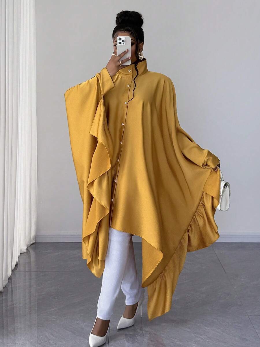 Maweii Plusstorlek damblus med enkelknäppt volang och fladdermusärm, lös mode - Gul - Visa 1