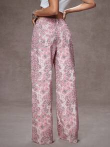 SHEIN Tall Women's Mid-Rise Leopard Print Pocket Washed Straight Leg Jeans - Multicolor - View 2