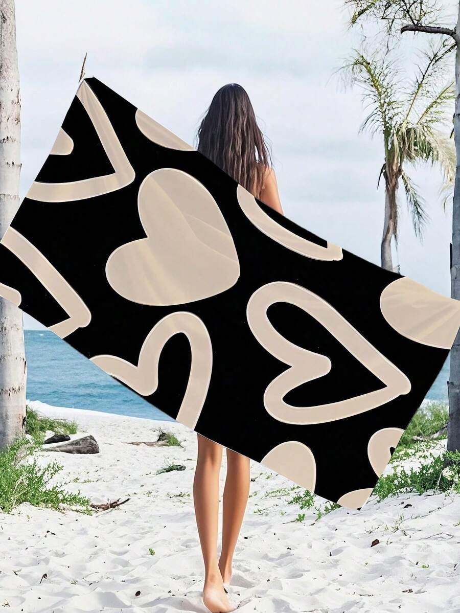 Microfiber Absorbent Quick-Dry 250gsm Creative Heart Print Microfiber Beach Towel/Mat, Suitable For Beach, Yoga, Travel, Camping, Swimming, Picnic, 27.6"X55.1" Or 35.4"X70.9" Large Beach Blanket Beach Essentials - Black - View 1