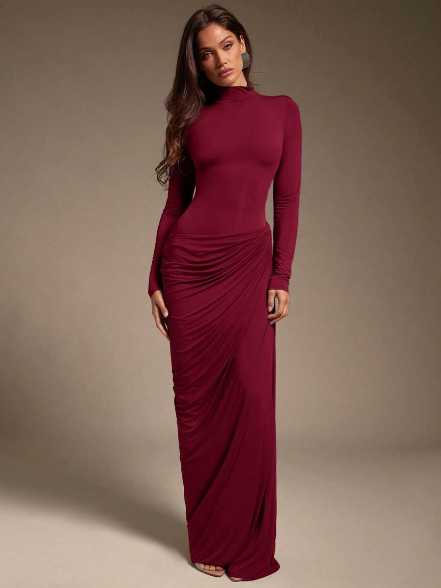 Hauture Women's Sexy Mock Neck Ruched Asymmetric Second Skin Jersey Stretchy Long Sleeve Maxi Dress - Burgundy - View 1