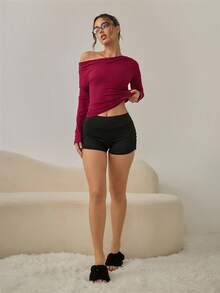 SHEIN Women's Off-Shoulder Base Layer Y2k Sexy Casual Burgundy, Slim Fit Long Sleeve T-Shirt For Daily Wear, Commuting, Home - Burgundy - View 4