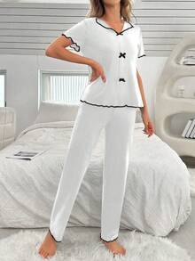 女士撞色蝴蝶结装饰睡衣套装休闲套装蝴蝶结