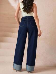 EURMUSE Plus Size Women High Waist Pockets Wide Leg Loose Casual Jeans - Dark Wash - View 2