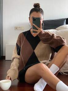 Livesso 女式格子拼色落肩长袖休闲宽松毛衣，秋冬 - 咖啡棕 - 查看 6