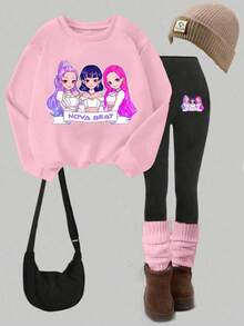 Autumn/Winter Girls' Casual Fashion Creative Personalized Fresh Minimalist High-End Cool Virtual Girl Group Cartoon Character Glitter Pentagram Logo Graphic Print Sweatshirt And Leggings Set, Comfortable Cozy Fall & Winter Styles - Multicolor - View 3