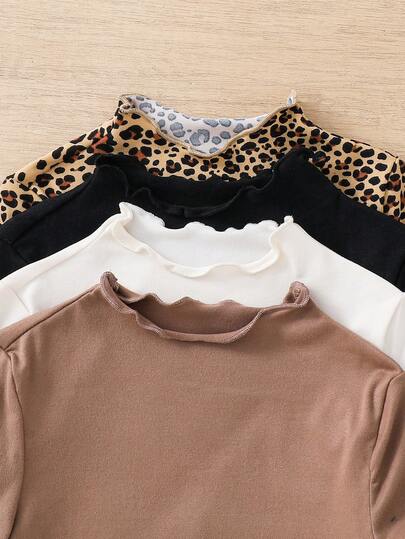 SHEIN Conjunto de 4 piezas para niña pequeña adorable y encantadora: Blusa de punto con cuello alto, recorte de lechuga y estampado de leopardo y unicolor, versátil, excelente para uso casual diario y escolar en otoño, invierno y primavera, vuelta al colegio.