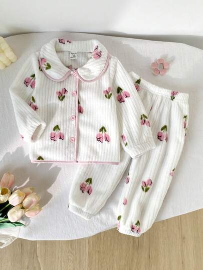 SHEIN 2 piezas Conjunto de ropa casual para el hogar de niña bebé con estampado de cerezas, blusa de manga larga y pantalones