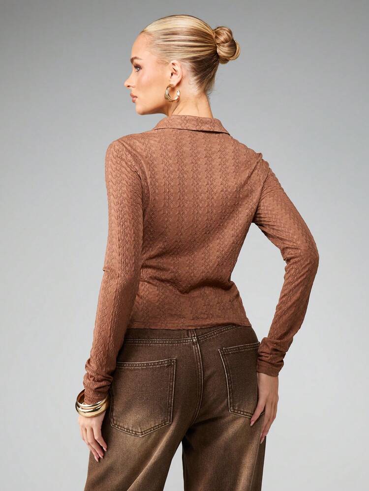 MISSGUIDED Textured Button Through Long Sleeve Collared Blouse Fitted Autumn Winter Fall Office Workwear Professional Casual Everyday