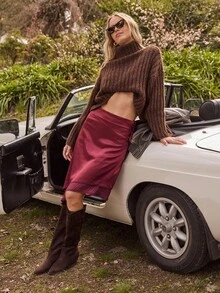 Aralina 女士圣诞感恩节派对酒红色休闲Y2K秋冬缎面层叠下摆中长裙，侧边系带设计，完美适合教师节、乡村音乐会、秋冬季节等场合。 - 紫色 - 查看 9