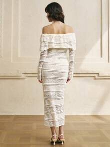 INAWLY 女士优雅提花针织纯色露肩连衣裙 - 米色 - 查看 2