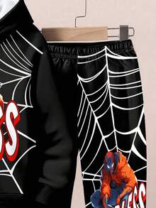 SHEIN Boys Fearless Superhero Hoodie & Sweatpants Set | Comic Graphic Spider Web Outfit | Cool Fall Winter Toddler Streetwear Tween Boys Outfit Sets Pants And Hoodie Rockstar Kids Outfit 2 Piece Teen Boys Hoddie And Sweatpants Boys Sweat Suit With Flames - Multicolor - View 5
