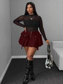 Maweii Plus Size Women Casual Ruffle Hem Solid Color Zipper Sexy Mini Skirt, Suitable For Work And Commute, Autumn/Winter - Burgundy - View 7