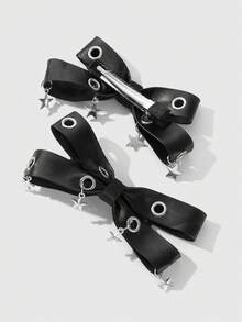 ROMWE Grunge Punk 2个Y2K风格复古优雅朋克哥特黑色皮革双透气蝴蝶结装饰DIY发夹爪发卡，适合姐妹、朋友日常佩戴或节日礼物，万圣节 - 黑色-14 - 查看 6