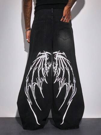Herren Loose Fit Jeans mit Totenkopf-Hand Grafik Tasche und weitem Bein