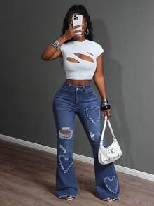 SHEIN SXY Spring Plus Size Women Cowgirl Style Blue Stretch Heart Embroidered Distressed Flare Jeans, Spring - Dark Wash - View 6