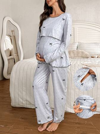 Moonlight & Mama 2pcs Polka Dot Bow Print Nursing Friendly Crew Neck Long Sleeve Top And Pants Maternity Pajama Set, Fall & Winter