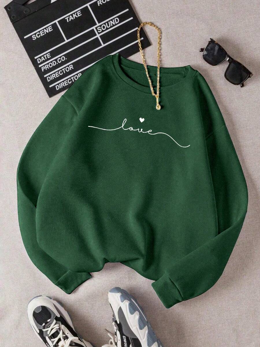 SHEIN LUNE Women's Casual Letter & Heart Print Crew Neck Long Sleeve Fleece Sweatshirt, Autumn/Winter Green Sweater Green Clothes Green Sweatshirt - Green - View 1