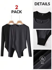 SHEIN BASICS 2pcs/Set Casual Solid Color Knit Crew Neck Long Sleeve Bodysuit For Women Summer Clothes - Black - View 8