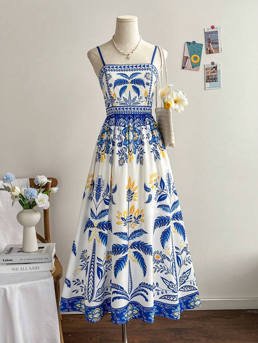 Soleia 女士休闲棕榈树印花无袖中长连衣裙，度假风 - 彩色 - 查看 1