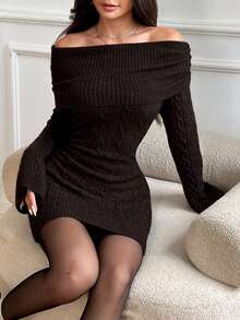SHEIN EZwear Women's Plain Off Shoulder Long Sleeve Casual Short Sweater Dress In Fall/Winter - Coffee Brown - View 6