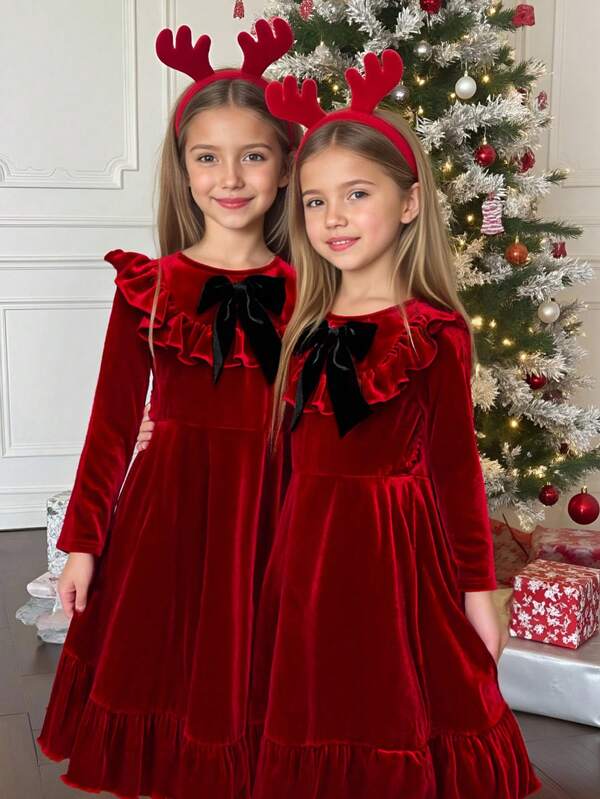 SHEIN Young Girl Casual Everyday Elegant Knit Velvet Bow Decor Ruffle Hem Long Sleeve Cinched Waist Maxi Dress, Girls Red Dress, Suitable For Christmas, New Year, Birthday Party, Sibling Outfits Matching Outfits
