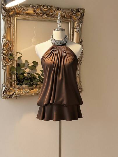 Almamuse Khaki Round Neck Sleeveless Pearl Decor Dress, Minimalist & Elegant, Suitable For Daily, Commuting, Casual Wear, Breathable & Comfortable