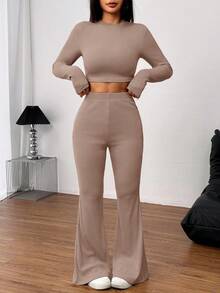 SHEIN EZwear 2 件套女式休闲纯色针织圆领长袖短款修身 T 恤和高腰喇叭裤 - 粉色 - 查看 6