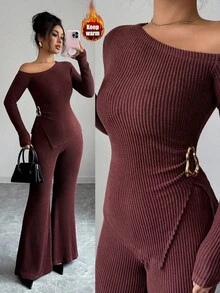 SHEIN PETITE Women's Solid Color Oblique Shoulder Long Sleeve Metal Decor T-Shirt And Flare Pants Fashion 2-Piece Set