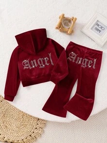 SHEIN Fashionable And Cute Baby Girl 2Pcs Sets Rhinestone Letter Pattern Velvet Hoodie & Flare Pants ,Sweatpants, Outfits,Cute & Casual & Vintage,Great For Casual & Daily Wear & School Daily In Summer & Autumn,For Christmas Baby Set Autumn Winter Season Girls Winter Outfit Sets Girls Clothes Sets Toddler Girl Two Piece Outfit Baby Girl Winter Sets - Burgundy - View 3