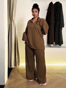 Maweii Conjunto de 2 piezas de pantalones rectos acampanados y holgados con cremallera media para mujer talla grande, cómodo y casual para uso deportivo y en el hogar - Café integral - Ver 3