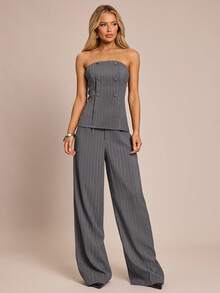 SHEIN Glamour Bộ đồ thường ngày áo hai hàng khuy kẻ sọc và quần dài cho nữ - Xám - Xem 5