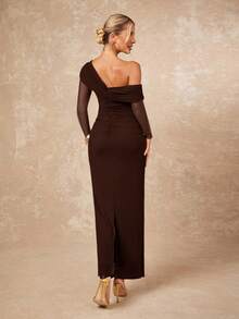 Lumalex Women's Elegant Sexy Burgundy Asymmetric Collar Criss-Cross Ruched Waist Slit Hem Long Sleeve Bodycon Dress, Spring/Summer - Brown - View 2