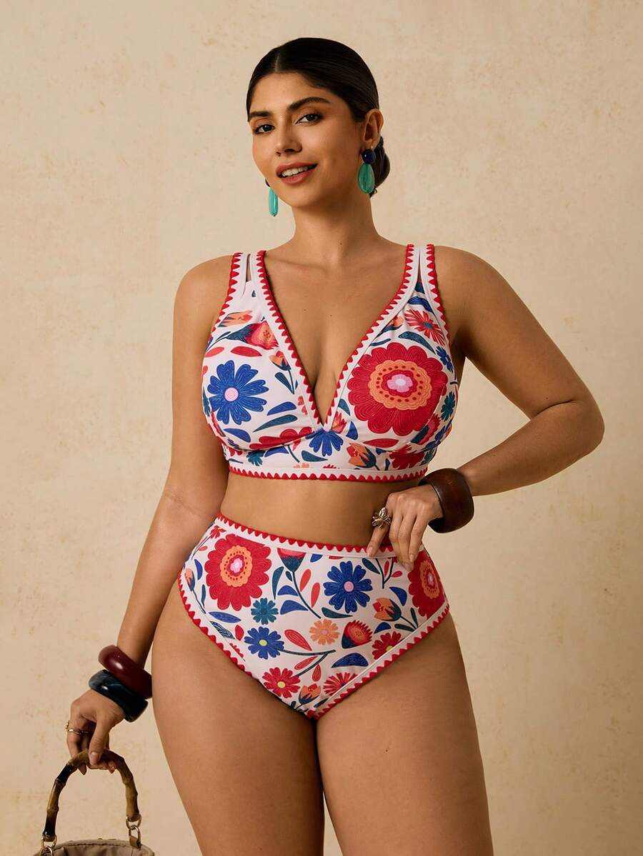 Travachic 大码热带波西米亚风印花性感修身泳衣套装，休闲度假百搭 - 彩色 - 查看 1