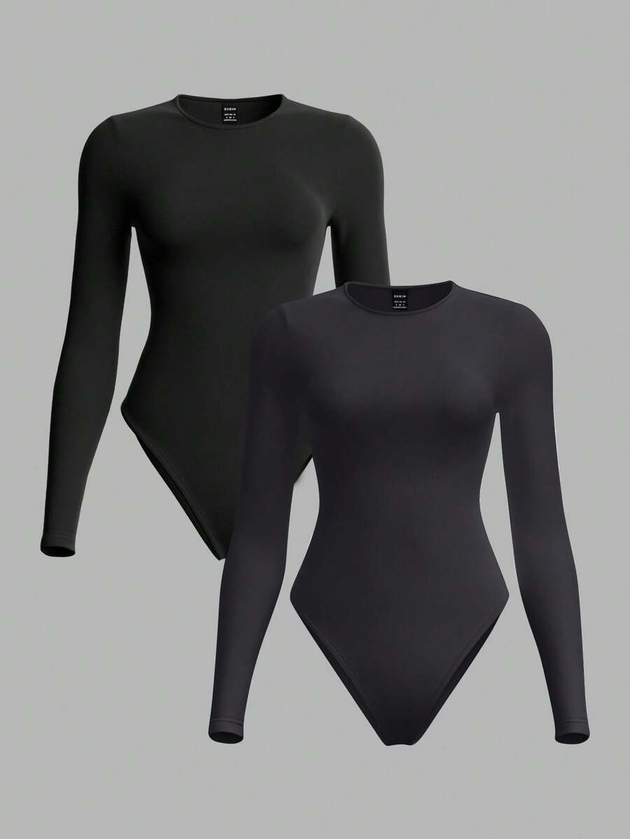 SHEIN BASICS 2pcs/Set Casual Solid Color Knit Crew Neck Long Sleeve Bodysuit For Women Summer Clothes - Black - View 1