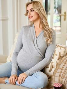 SHEIN Tricou maternitate cu mânecă lungă, croială slim, confortabil, culoare solidă